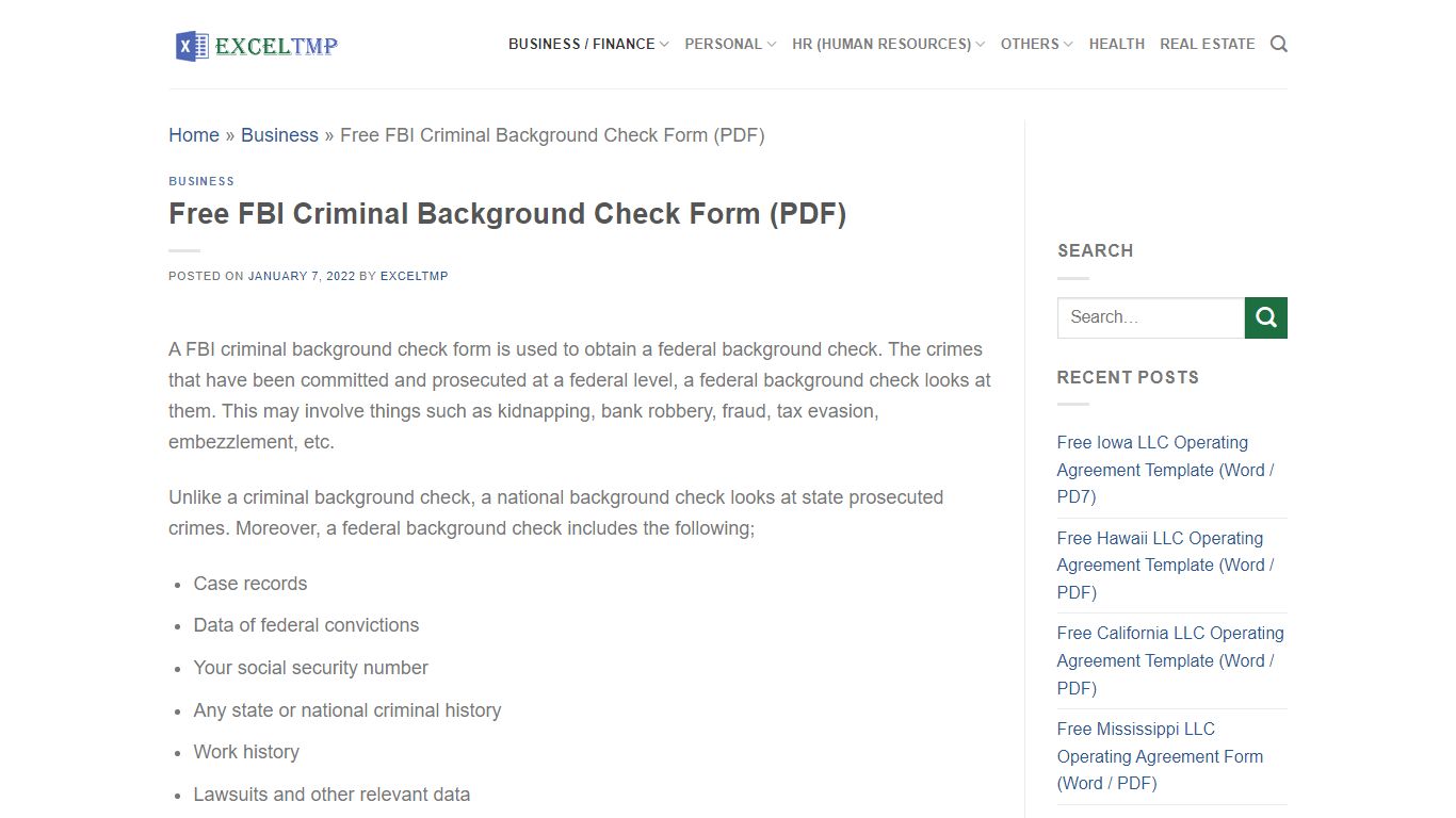 Free FBI Criminal Background Check Form (PDF) - Excel TMP